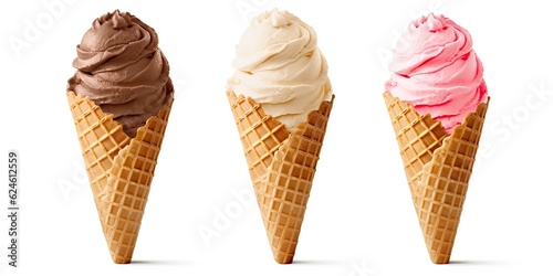 Freshly scooped ice cream on cones isolated on white background