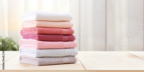 Stack of bath towels on light wooden background. Generative AI image