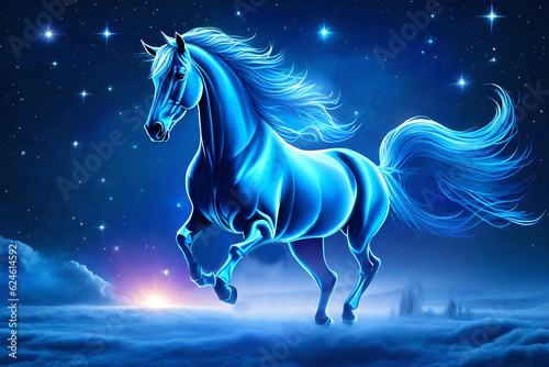 beautiful blue shining horse with long hair running in the night over the sky in front of the moon Created using generative AI tools
