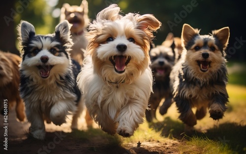 A pack of dogs running energetically down a dusty country road. AI © Umar