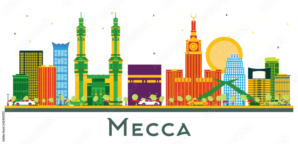 Mecca Saudi Arabia City Skyline with Color Landmarks Isolated on White.