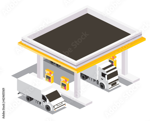 Gas Station with Trucks. Isometric Isolated Petroleum Filling Station.
