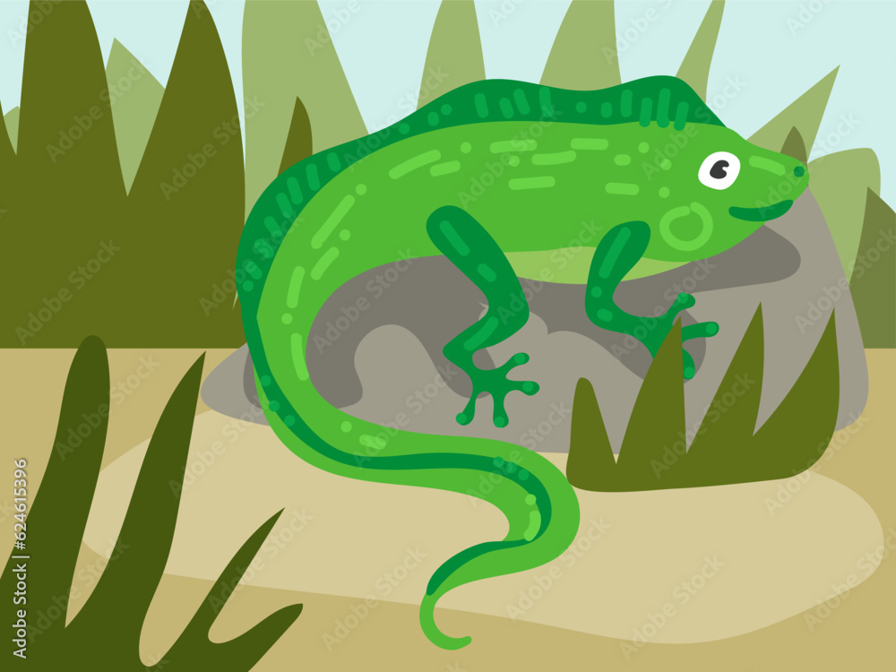 Illustration of a cartoon iguana in the grass on a stone. An illustration with a funny iguana. A green lizard at its usual place of residence. Children's illustration, printing for children's books