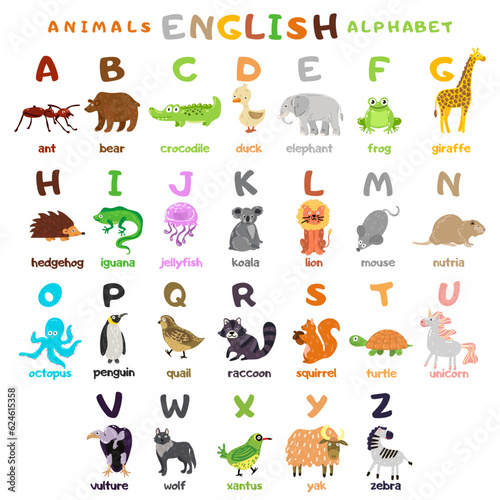 Fototapeta Naklejka Na Ścianę i Meble -  A large alphabet with cute cartoon animals to teach children. Educational illustration for preschool learning of the alphabet with the image of an animal and a letter. A set of cartoon vector