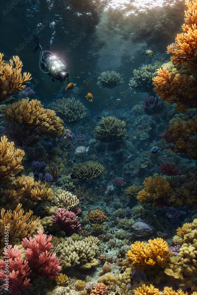 Fototapeta premium Undewater world landscape, reef, sea bottom with corals and seaweeds 
