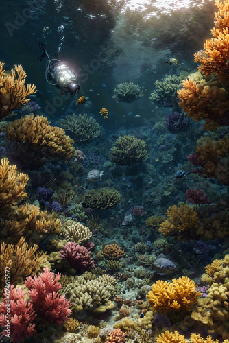 Undewater world landscape  reef  sea bottom with corals and seaweeds 