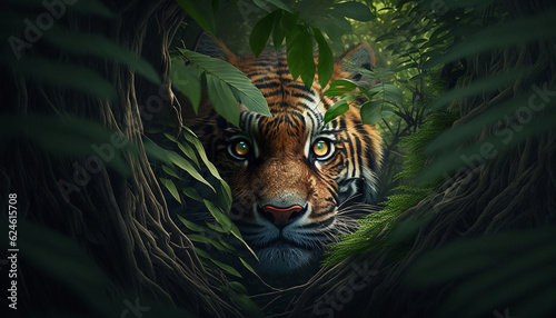 tiger in the jungle, looking for food, hiding in the bush, illustration
