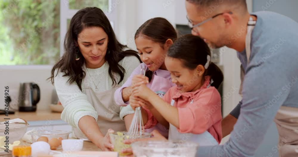 Learning, family and kids baking with parents in a home kitchen counter together to prepare dessert as a skill. Cooking, mother and father teaching or helping children with a cookies recipe or food Learning, family and kids baking with parents in a home kitchen counter together to prepare dessert as a skill. Cooking, mother and father teaching or helping children with a cookies recipe or food