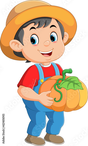 Farmer cartoon character. Cheerful farmer holding pumpkins
