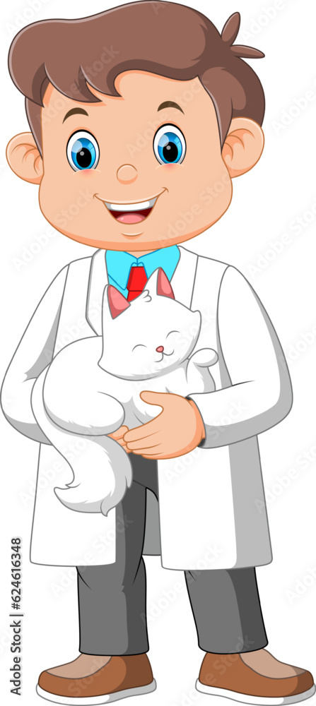 Cartoon veterinarian doctor examining a cat