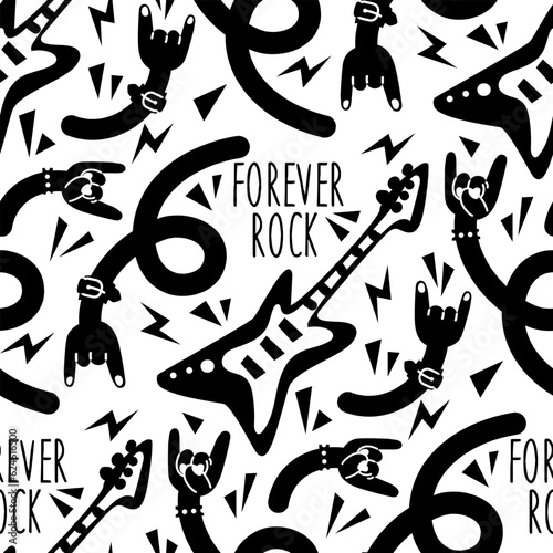 A hand-drawn rock festival pattern. A lot of hands with a Rock sign and a black guitar. The inscription Rock forever. Rock hands with guitar, lightning bolts. Print for concerts