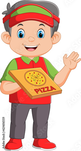 young delivery man holding a pizza box while isolated on white background