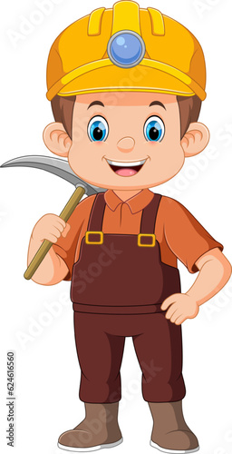 Young miners posing with a pickaxe on his shoulder and smiling happily