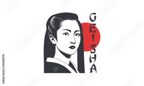 Vector graphic monochrome portrait of a beautiful Asian Japanese geisha girl. White isolated background.