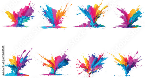 Colorful Ink Splash, Paint Splatter powder festival explosion burst isolated white background, Watercolor stain