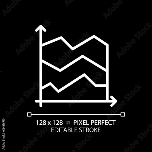 Area chart white linear icon for dark theme. Revenue management. Temperature change. Data presentation. Infographic element. Thin line illustration. Isolated symbol for night mode. Editable stroke