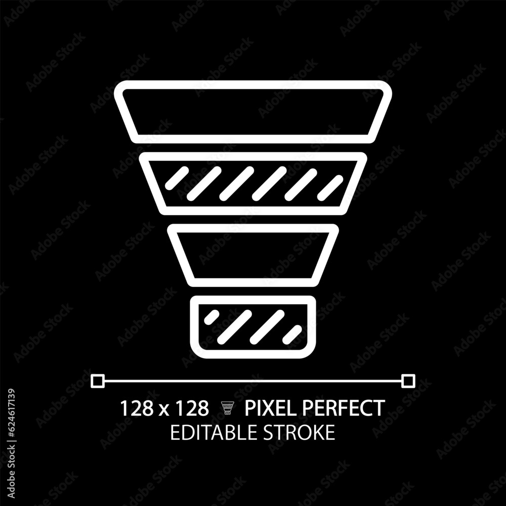 Funnel chart white linear icon for dark theme. Customer journey. Lead generation. Marketing research. Conversion optimization. Thin line illustration. Isolated symbol for night mode. Editable stroke Funnel chart white linear icon for dark theme. Customer journey. Lead generation. Marketing research. Conversion optimization. Thin line illustration. Isolated symbol for night mode. Editable stroke
