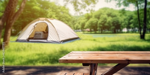 Relaxing holiday. Travel and camping adventure lifestyle in park with outdoor tent and wooden table on blur background