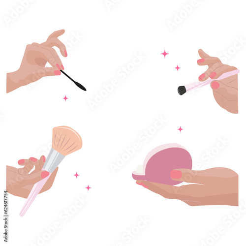 Hands with cosmetics. Beauty salon. Manicure, makeup. Vector illustration