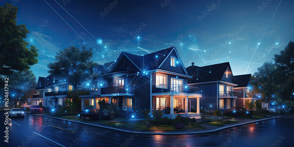 Digital community, smart homes, and digital community. Digital network in society concept. suburban houses at night with data transactions