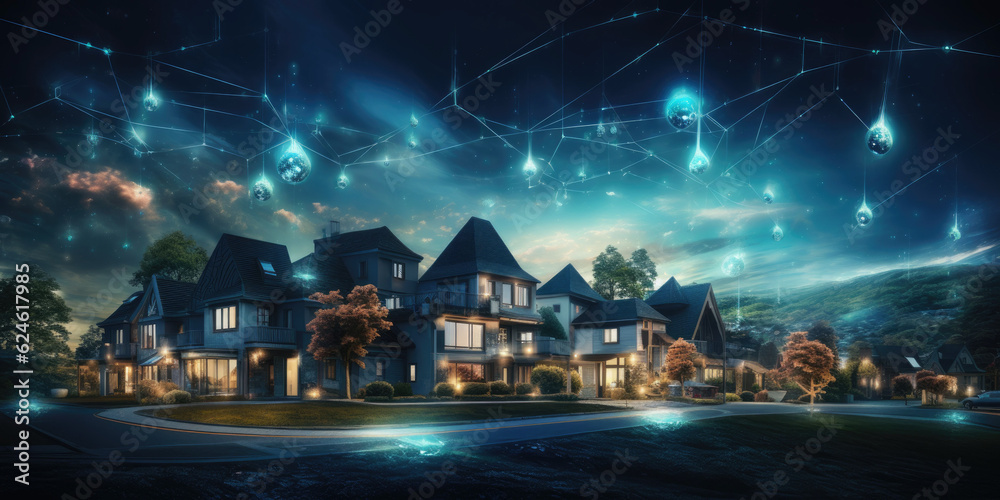 Digital community, smart homes, and digital community. Digital network in society concept. suburban houses at night with data transactions - obrazy, fototapety, plakaty 