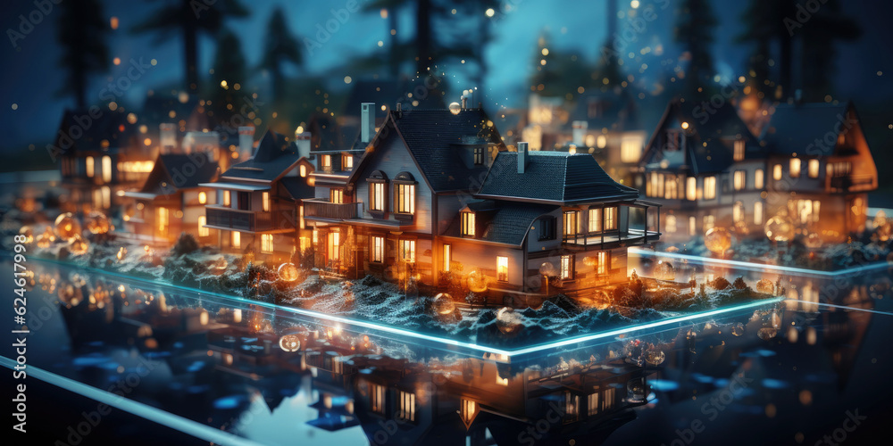 Obraz premium Digital community, smart homes, and digital community. Digital network in society concept. suburban houses at night with data transactions