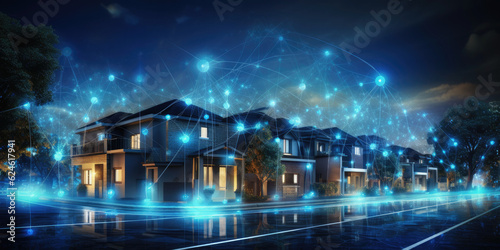 Digital community, smart homes, and digital community. Digital network in society concept. suburban houses at night with data transactions