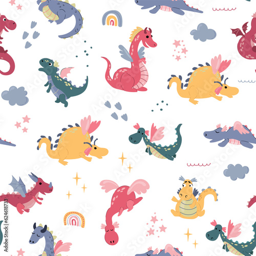 Seamless pattern with cute hand drawn dragons. Design for fabric  textile  wallpaper  packaging. 