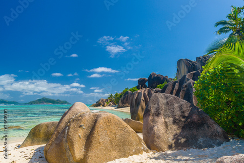 Stones on the famous Anse Source d`Argent beach on La Digue island in Seychelles photo