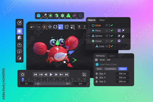 3D Software suite Interface. Viewport of Program for Motion Designers and Animators. Creating three dimensional vfx. Vector illustration.
