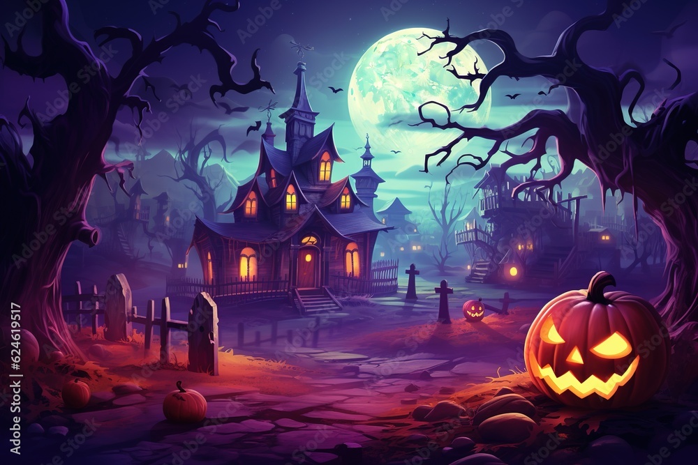 Dark pink and magenta colored cartoon of the moon above a Halloween village with scary pumpkins and trees. Halloween Background. Generative AI