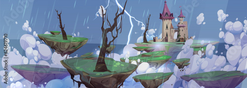 Cartoon rain game background with fantasy castle. Scary halloween landscape with thunderstorm and lightning above floating rock island in sky. Creepy magic dracula chateau with tower on gloomy weather