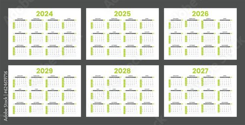 Set of calendars for 2024, 2025, 2026, 2027, 2028 and 2029. Minimalist style calendar. Week starts from Sunday