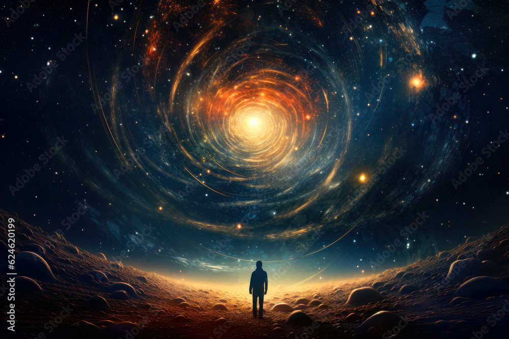 Fototapeta premium Man walking through the universe. Generative AI