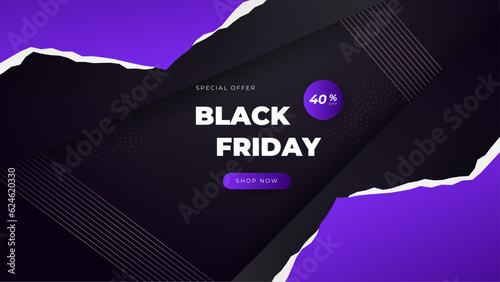 Black Friday Sale Poster. Seasonal discount banner with balloons and purple on black background. Holiday design template for advertising shopping, closeout on thanksgiving day