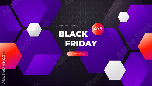 Black Friday Sale Poster. Seasonal discount banner with balloons and purple on black background. Holiday design template for advertising shopping, closeout on thanksgiving day