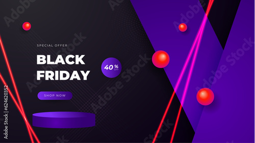 Black friday special offer. Social media web banner for shopping, sale, product promotion. Background for website and mobile app banner, email. Vector illustration in black and purple colors.