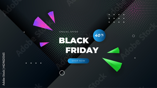 Black Friday Sale Poster. Seasonal discount banner with balloons and purple on black background. Holiday design template for advertising shopping, closeout on thanksgiving day