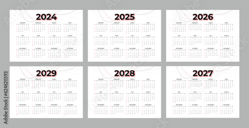 Set of annual calendar template for 2024, 2025, 2026, 2027, 2028 and 2029. Minimalist style calendar. Week starts from Sunday
