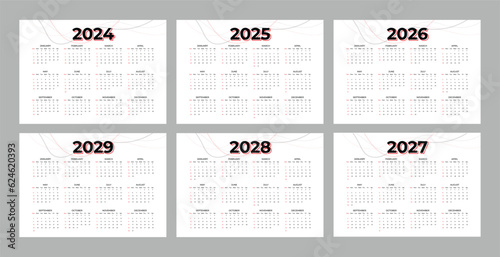 Set of annual calendar template for 2024  2025  2026  2027  2028 and 2029. Minimalist style calendar. Week starts from Sunday