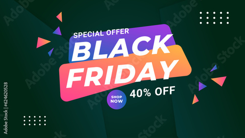 Black Friday banner with text Super Sale for discount and promotion. Colorful realistic sticker, banner for sale, shopping, market, business theme. Design elements for poster. Vector Illustration