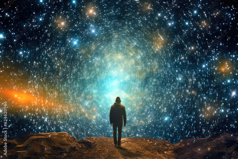 Man walking through the universe. Generative AI