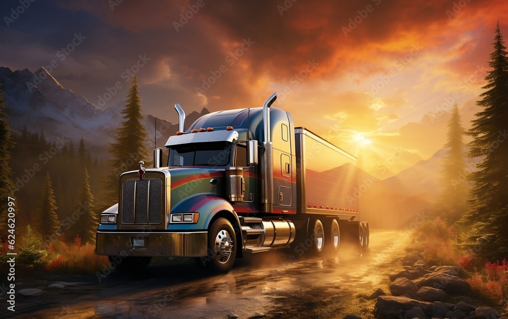 A semi truck driving down a dirt road under a cloudy sky. AI