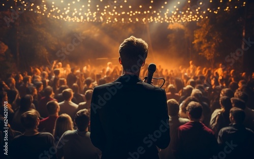A man addressing a large audience with a microphone in hand. AI