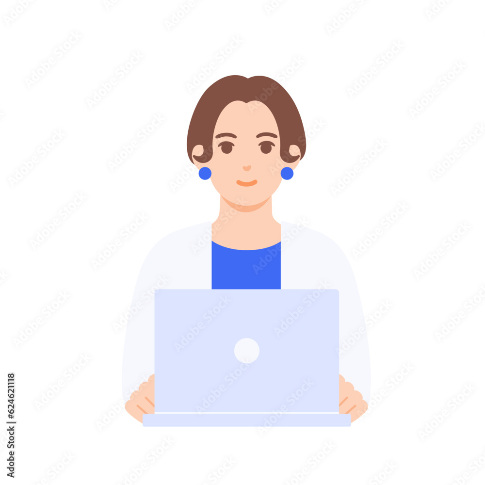パソコンを操作するキャリアウーマン。微笑む女性のベクターイラスト素材。