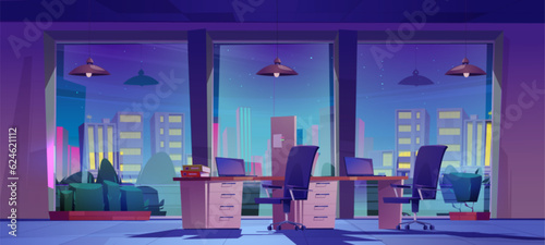 Company office interior at night. Vector cartoon illustration of dark room with large windows, laptops and folders on desks, chairs, lamps. Cityscape buildings, starry sky view. Business workspace