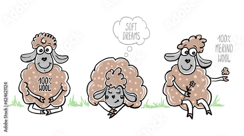 Funny sheeps illustration with sleeping and sitting sheep, sheep with flower and piece of wool