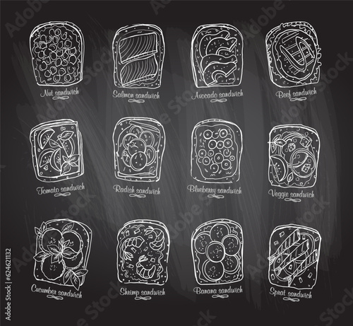 Chalkboard line illustration of assorted sandwiches