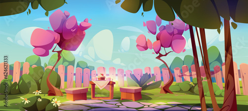 House backyard garden with fence in summer cartoon background. Outdoor patio exterior with sakura tree, table, chair and spring nature. Neighborhood landscape illustration with forest on sunny day