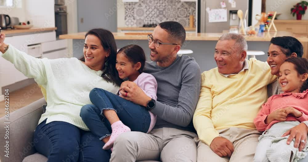 Family, home selfie and children with grandparents on social media, online memory and relax together on sofa. Funny senior people, kids and girl or mother and father in profile picture or photography